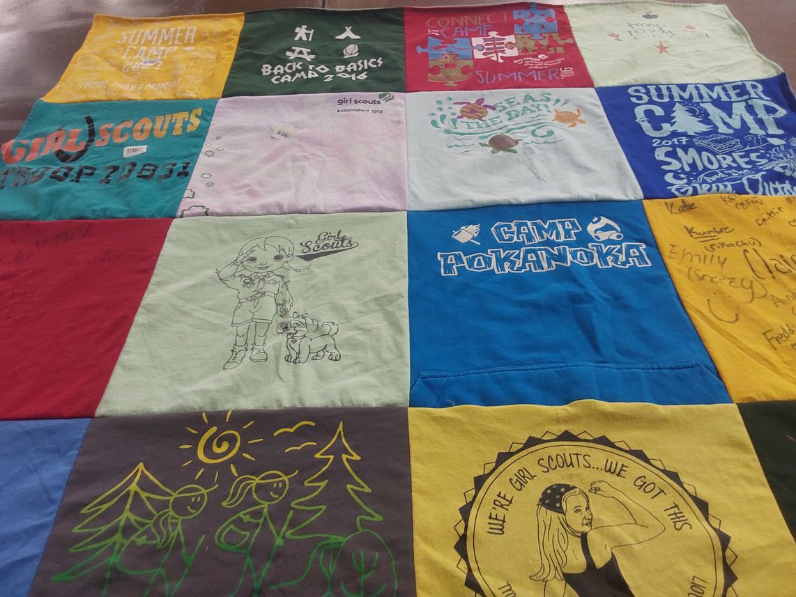 T-shirt quilt with girl scouting, summer camps themes by Jamie from IL
