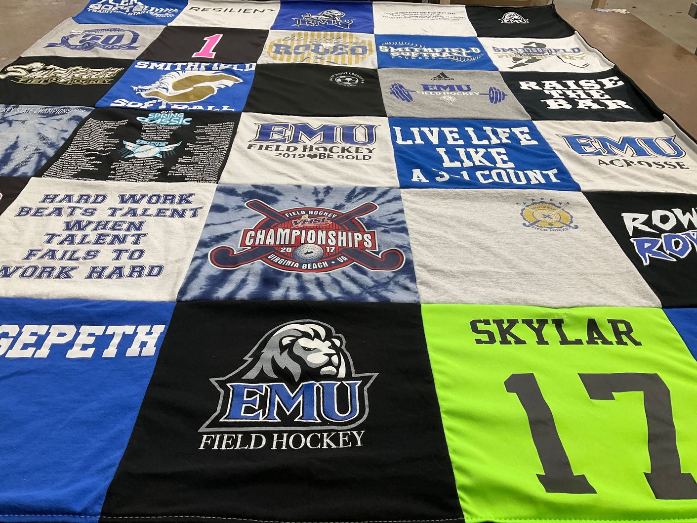 T-shirt quilt featuring emu field hockey, emu acrosse by Susan from VA