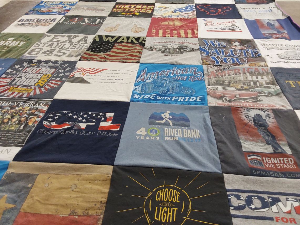 T-shirt quilt with veterans, cars themes by mike from TX