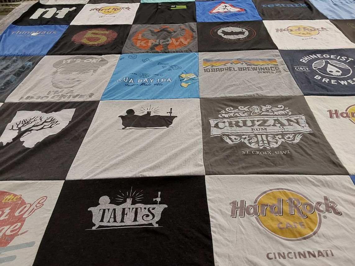 T-shirt quilt with brewing, craft beer themes by Katelyn from OH