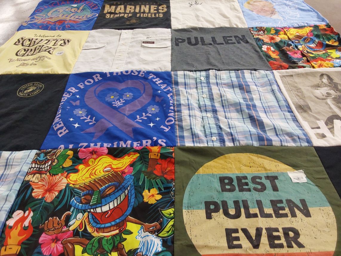 T-shirt quilt with military, cuisine themes by Faith from IN