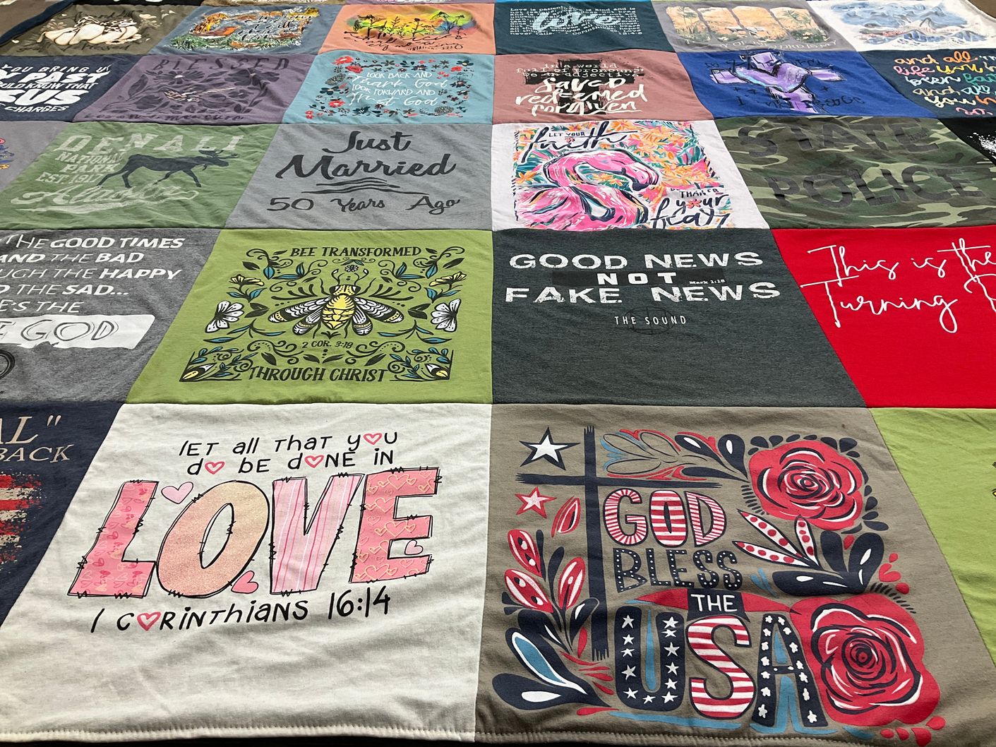 T-shirt quilt with faith, marriage themes by Debra from TX