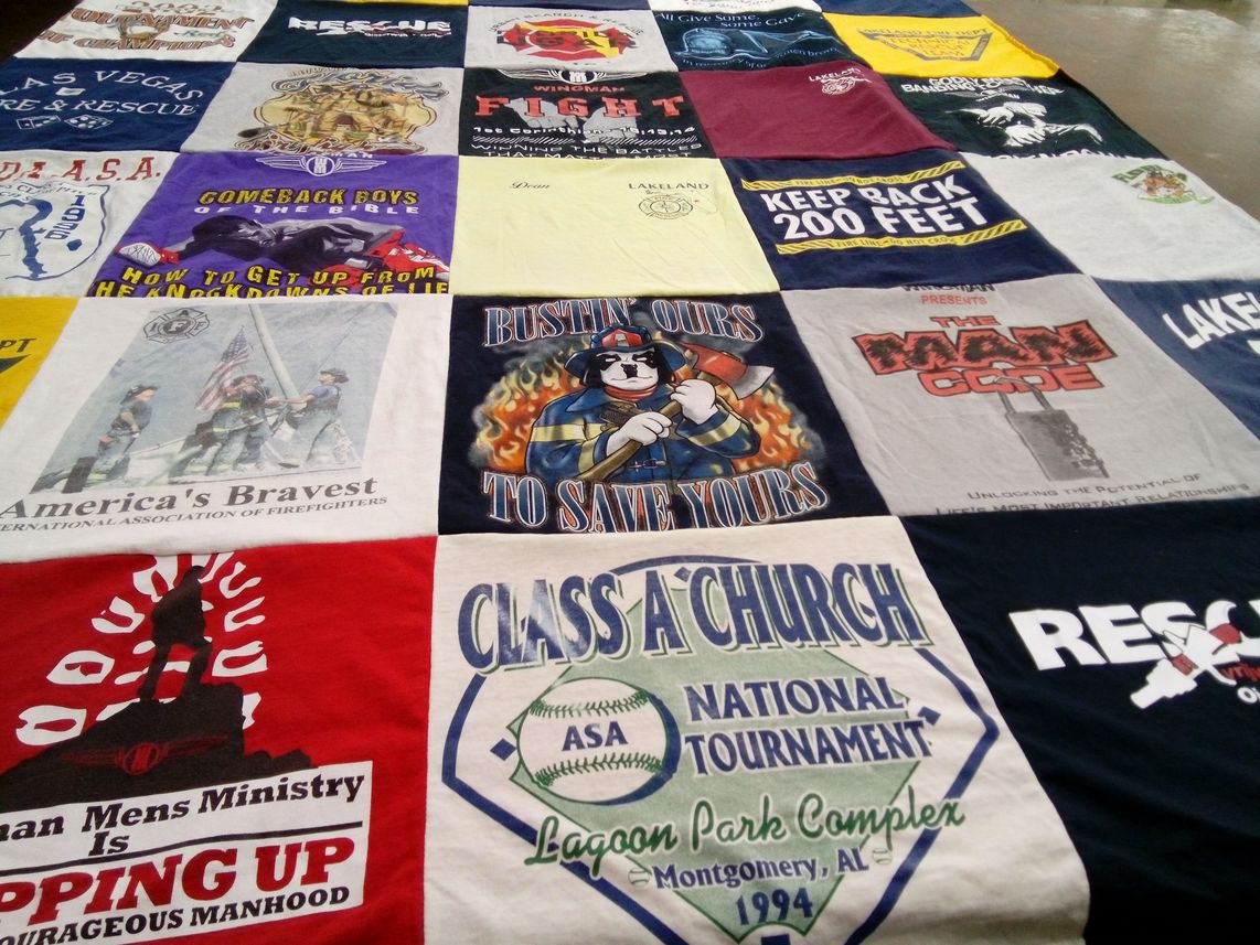 T-shirt quilt with firefighting, men's ministry themes by Penny from FL