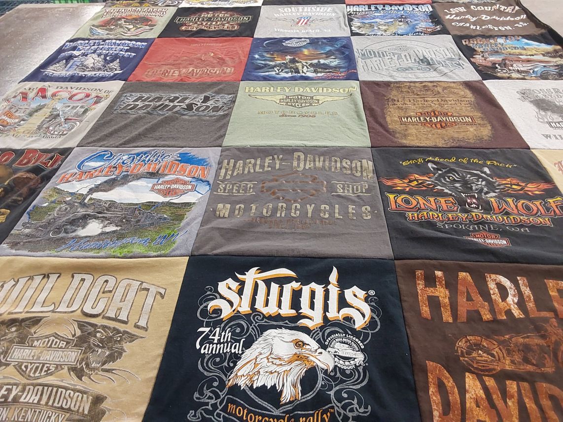T-shirt quilt with motorcycles, biking themes by Dennis from OH