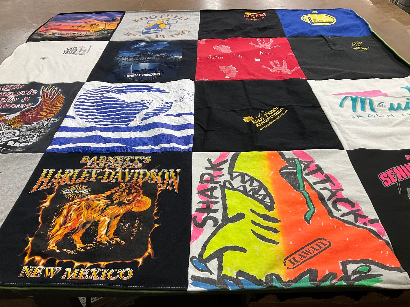 T-shirt quilt with motorcycles, beaches themes by Mary from NM