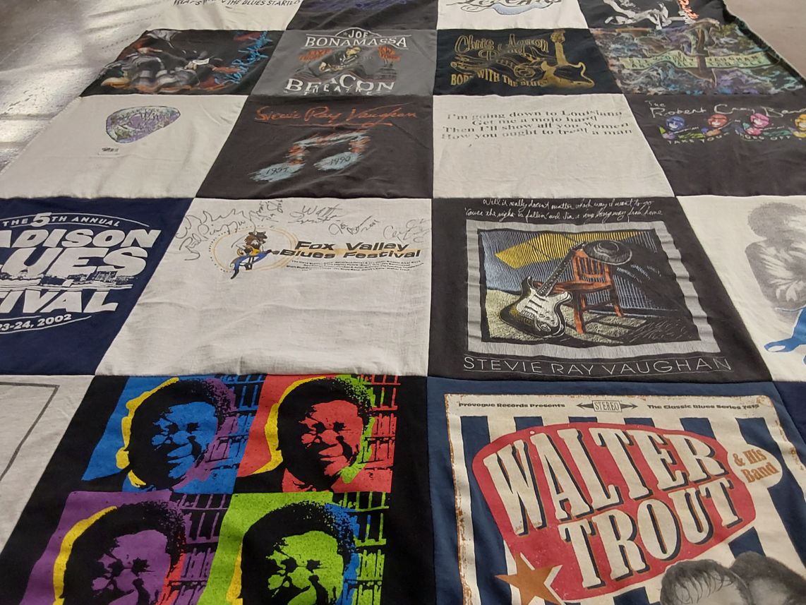 T-shirt quilt with blues music, concerts themes by Andrew from WI