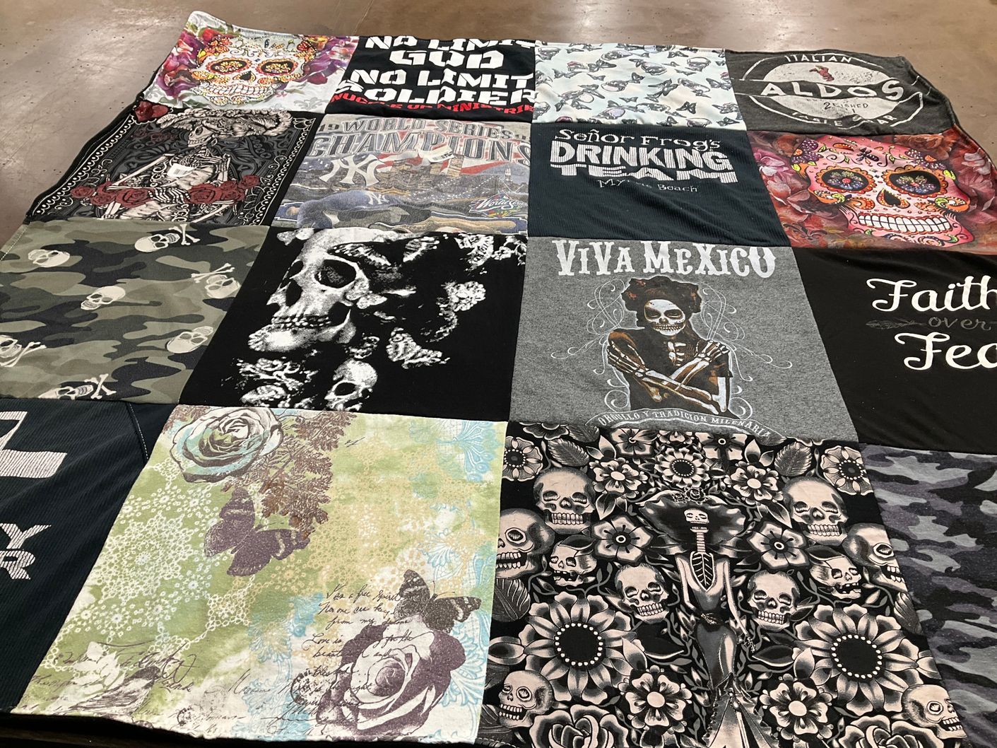 T-shirt quilt with skulls, day of the dead themes by Brianna from OH