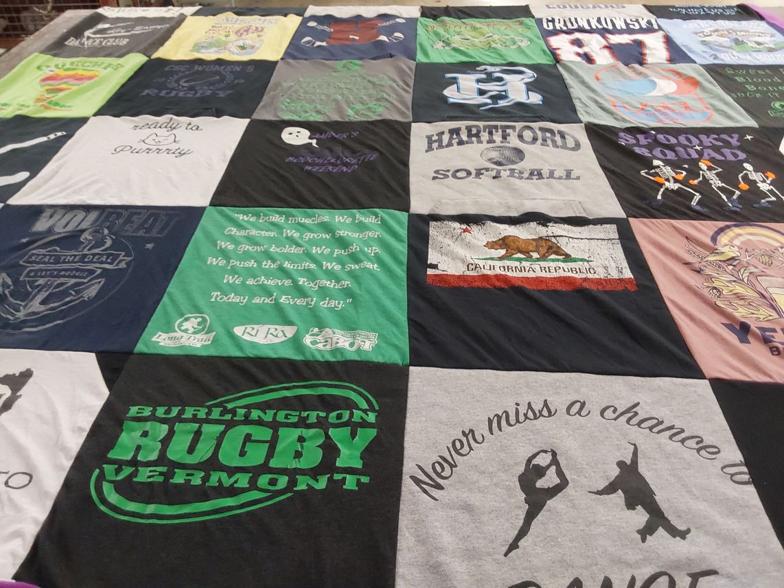T-shirt quilt with sports, rugby themes by Caitlyn from VT