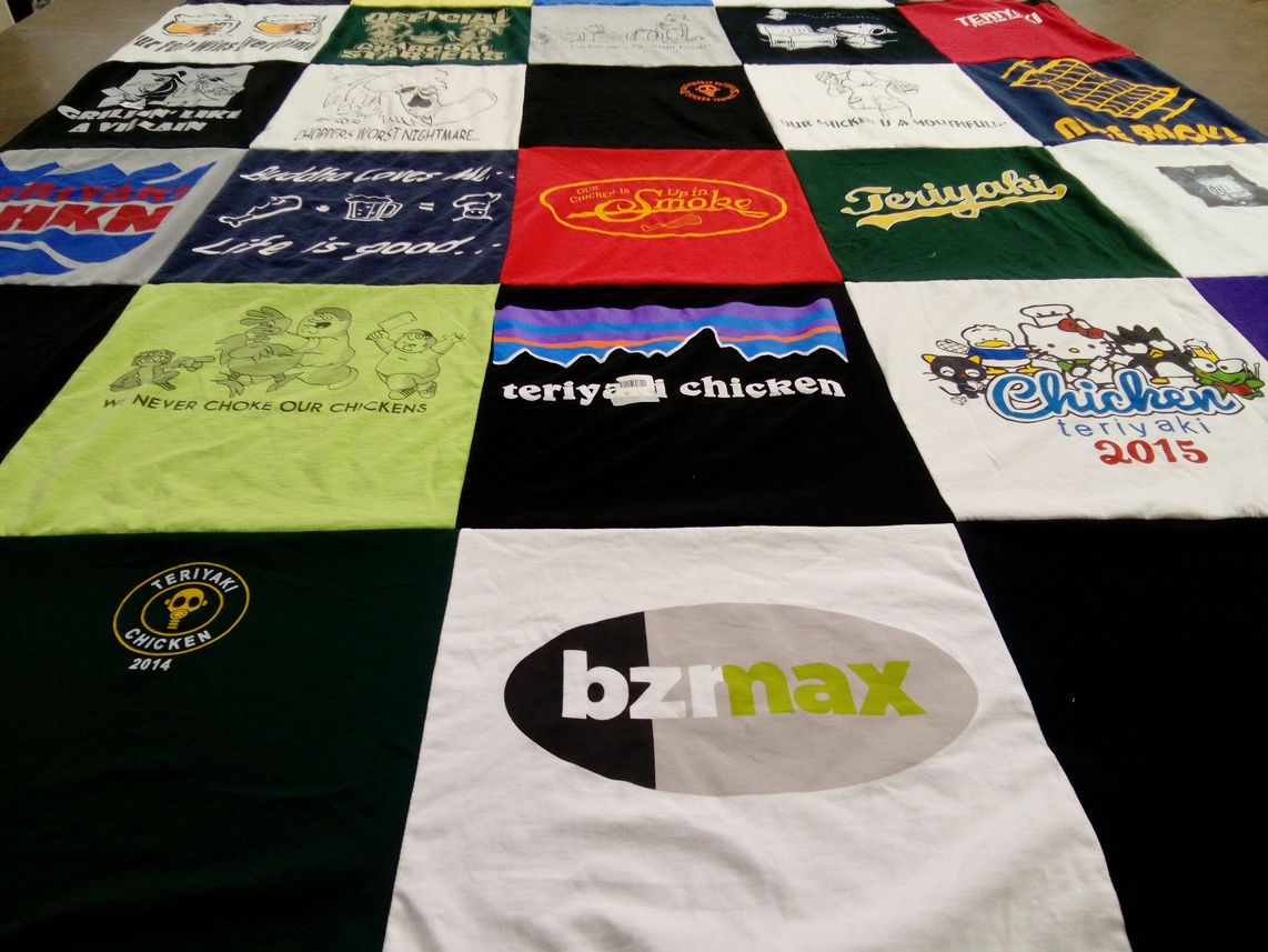 T-shirt quilt with cooking, food themes by Tracy from CA