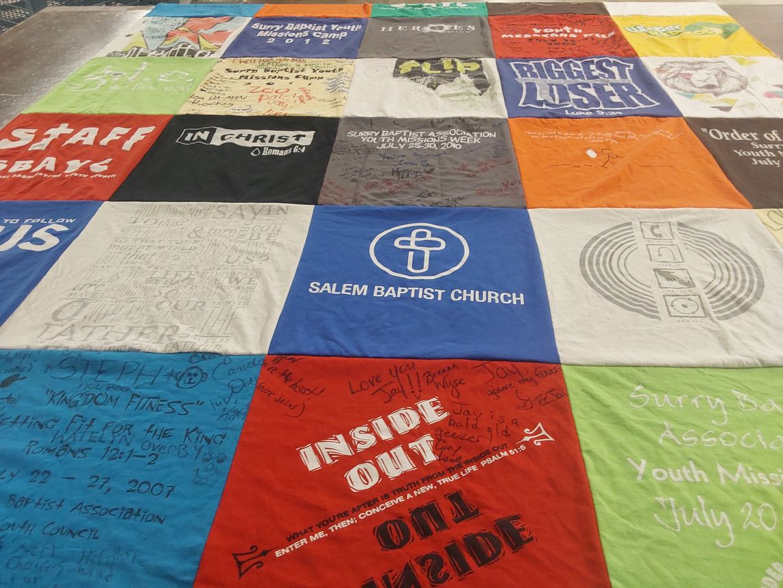 T-shirt quilt with youth events, missions themes by Jay from NC