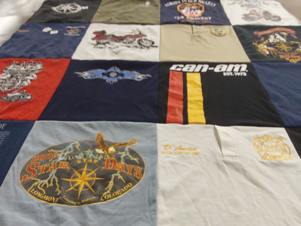 T-shirt quilt with motorcycles, firefighting themes by Kathi from IL