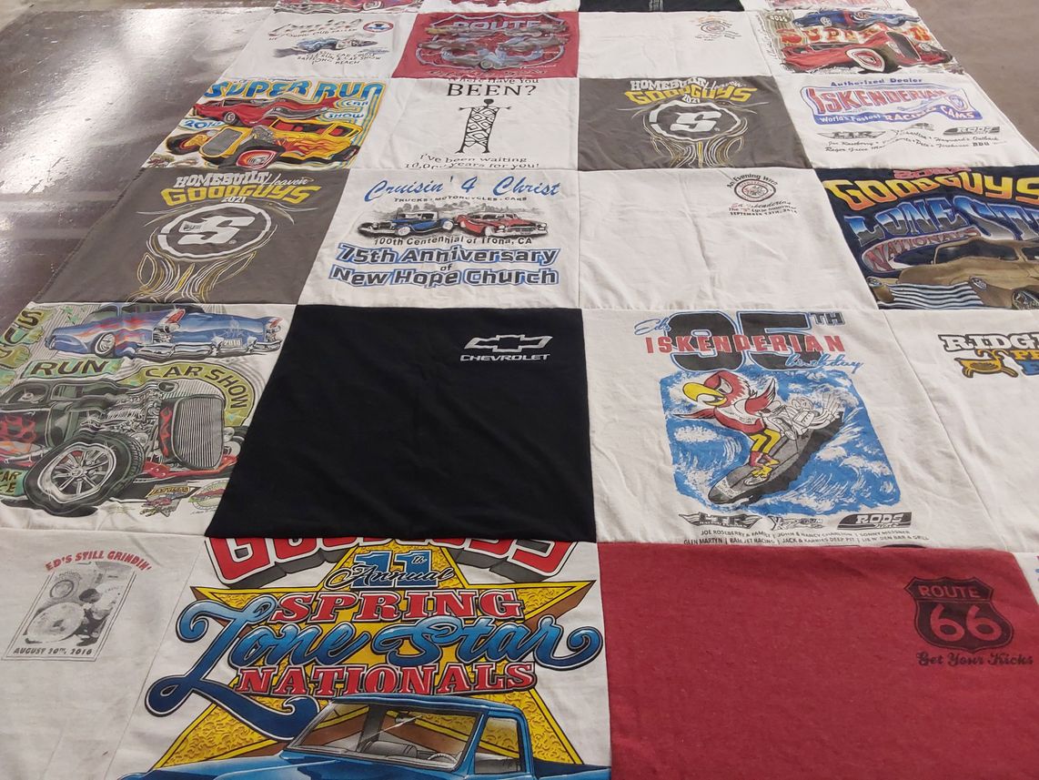 T-shirt quilt with cars, automotive themes by Marilyn from TX