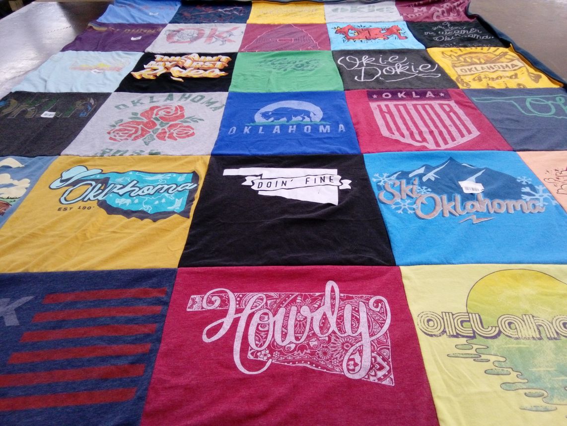 T-shirt quilt with oklahoma culture, branded apparel themes by Jeni from OK