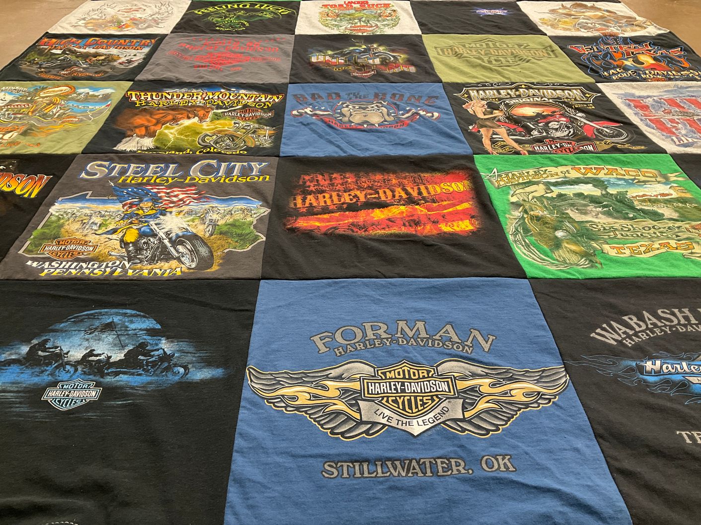 T-shirt quilt with motorcycles, biking themes by Leah from TX