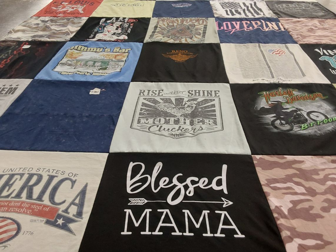 T-shirt quilt with motorcycling, bar culture themes by Deana from IL