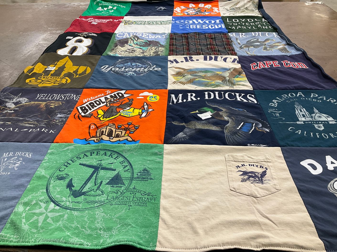 T-shirt quilt with outdoors, travel themes by Erin from MD