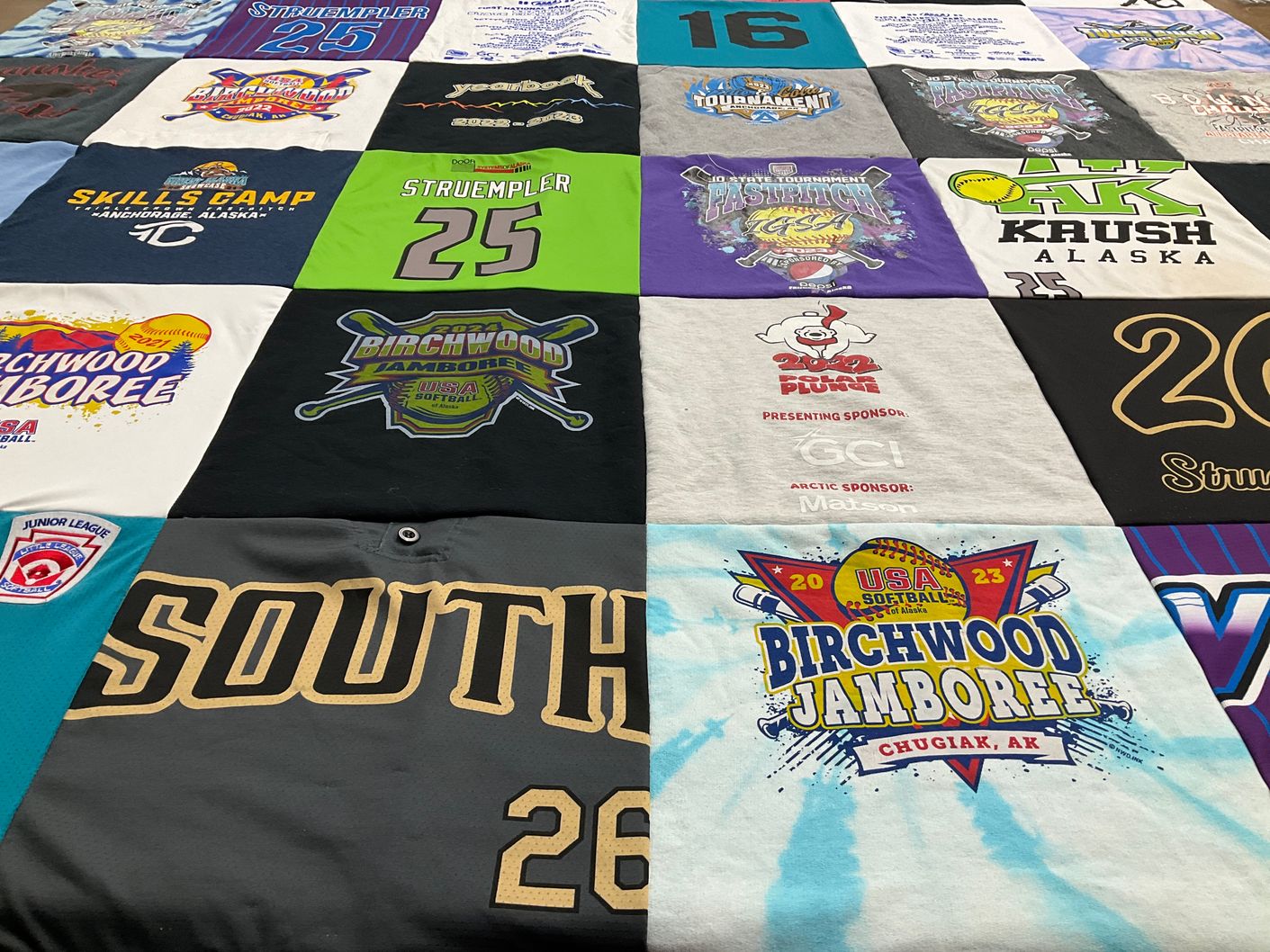 T-shirt quilt with softball, sports themes by Kersten from AK