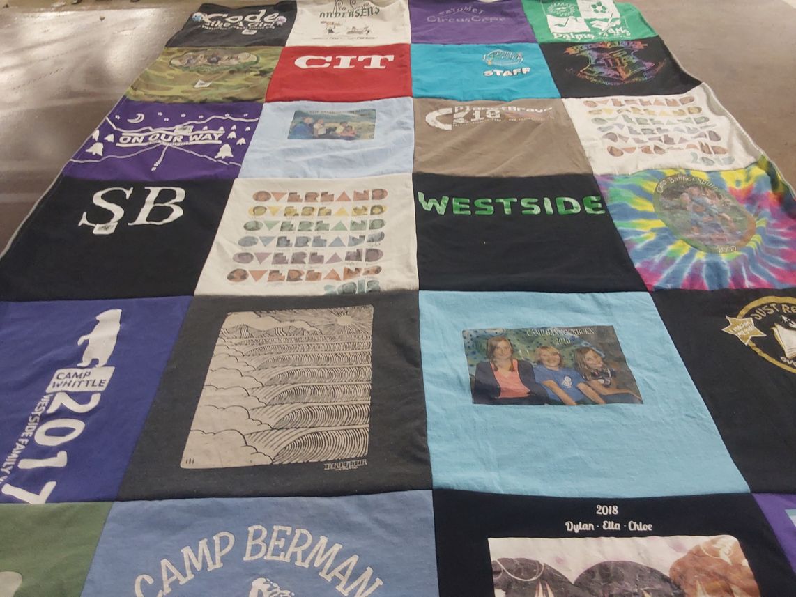 T-shirt quilt with camping, outdoor activities themes by Rachel from CA