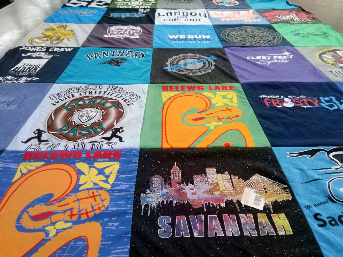 T-shirt quilt with running, athletics themes by Courtney from NC