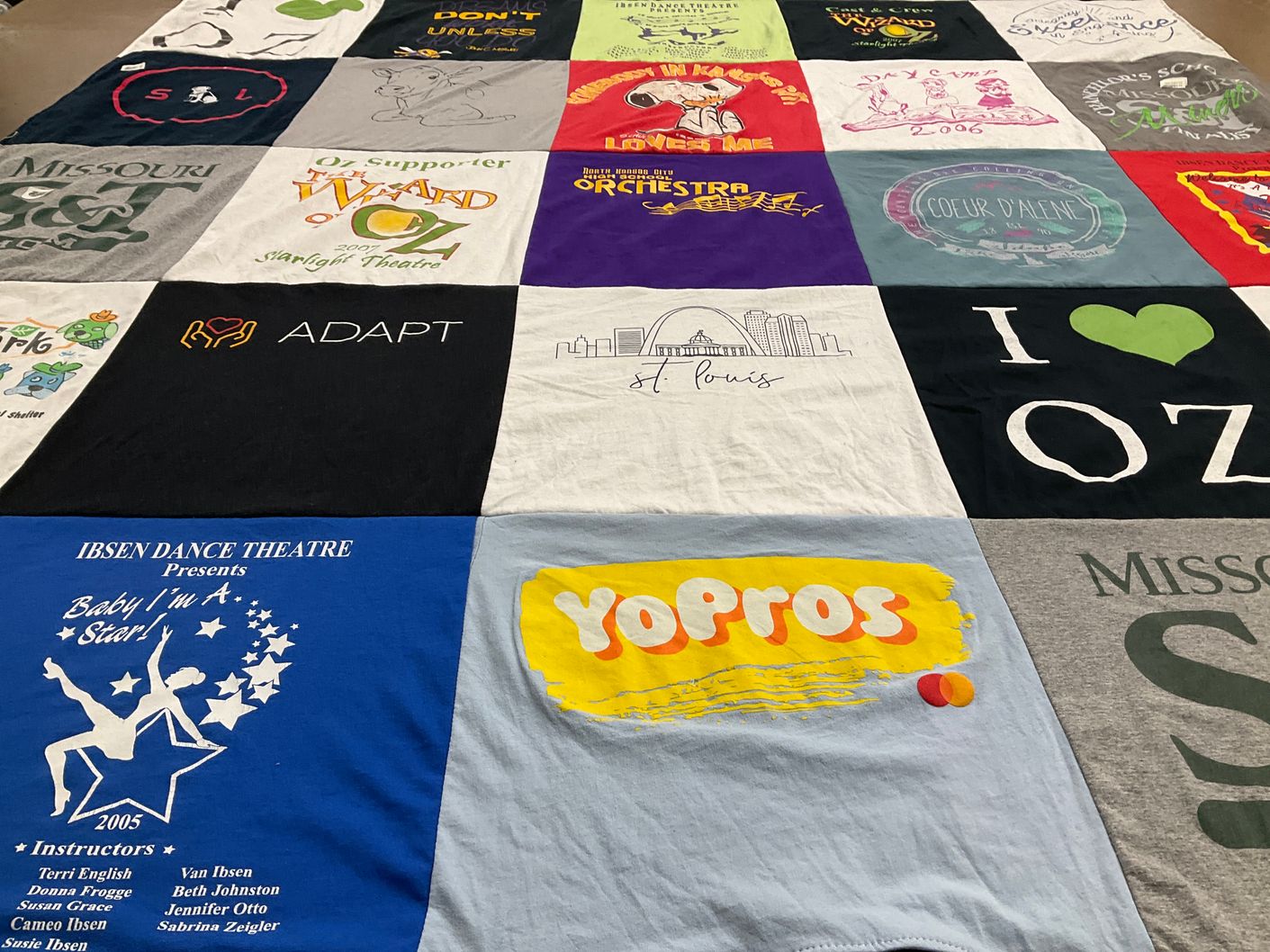 T-shirt quilt with theatre, dance themes by Dixie from MO