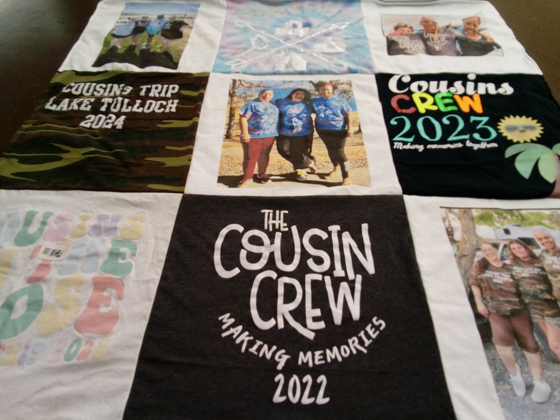 T-shirt quilt with family, travel themes by Katrina from CA