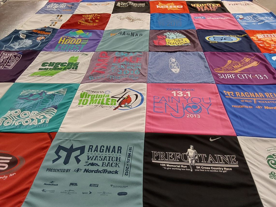T-shirt quilt with running, marathons themes by Cyndi from UT