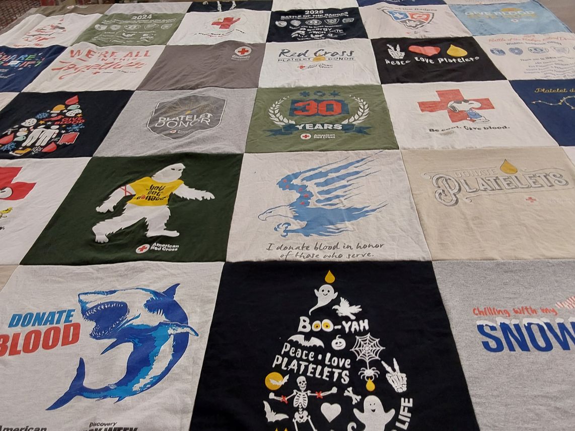 T-shirt quilt with blood donation, community service themes by Shawn from KS