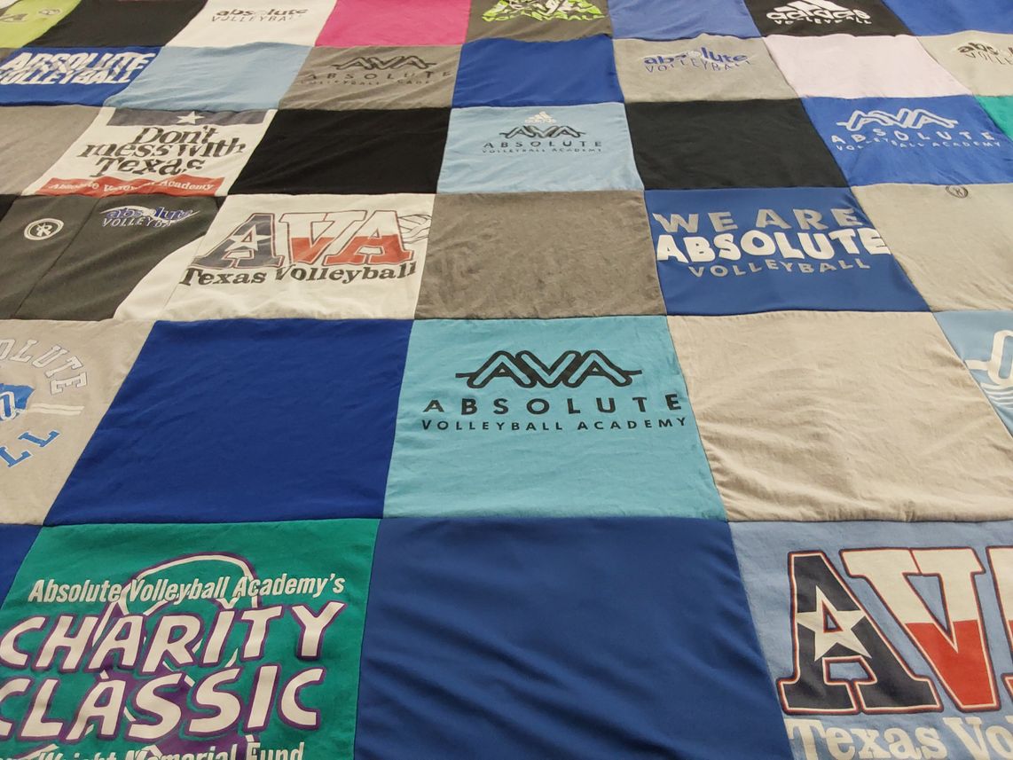 T-shirt quilt with volleyball, charity events themes by Lynn from TX