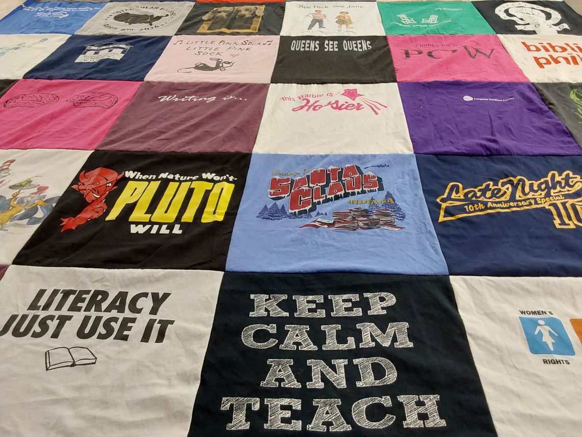T-shirt quilt with education, literacy themes by James from IN