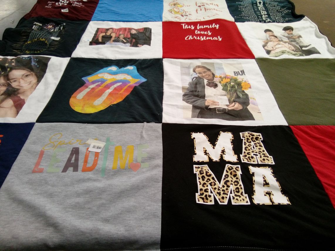 T-shirt quilt with family, music themes by Sarah from TX
