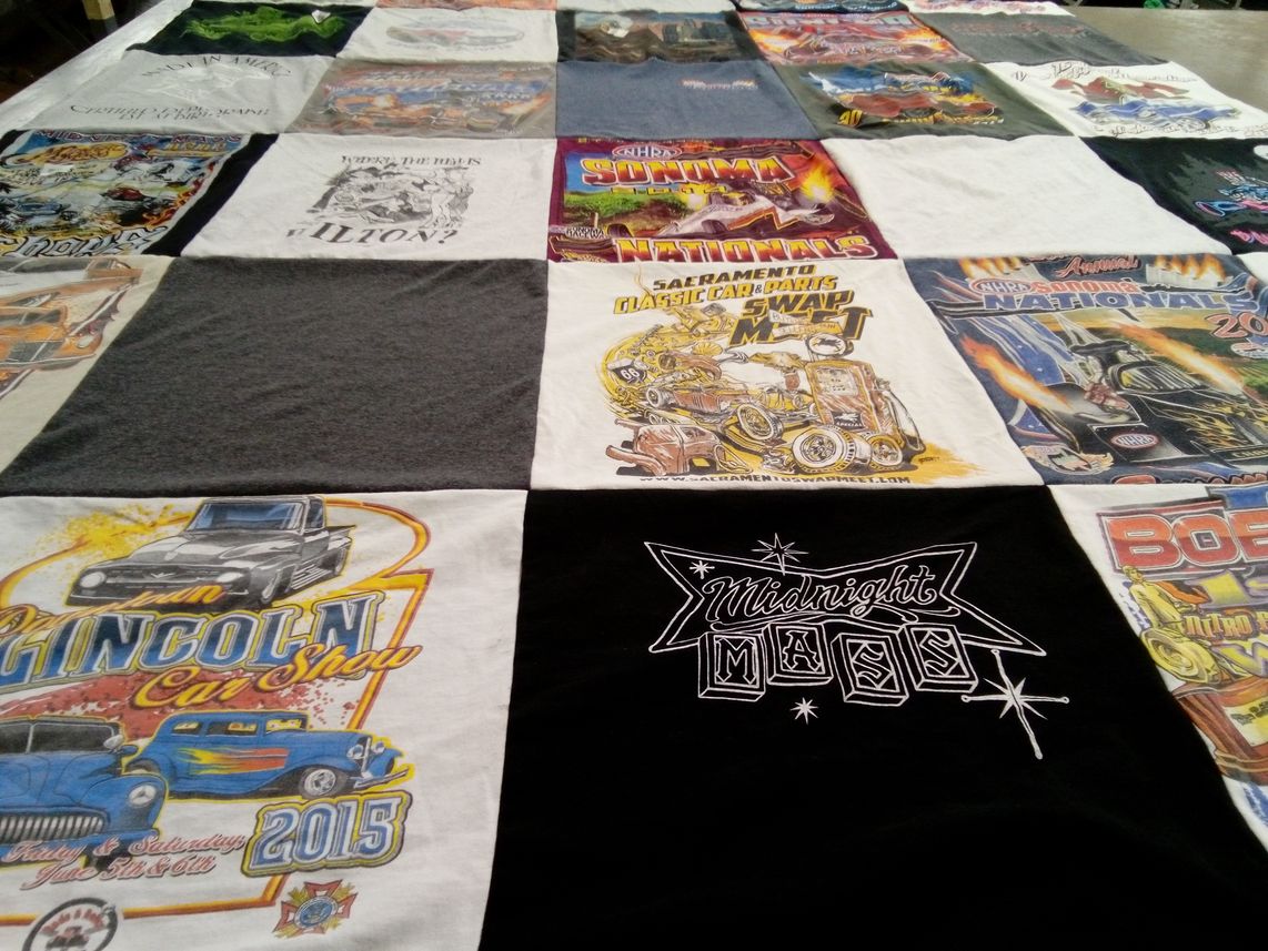 T-shirt quilt with cars, automobiles themes by Rowen from CA