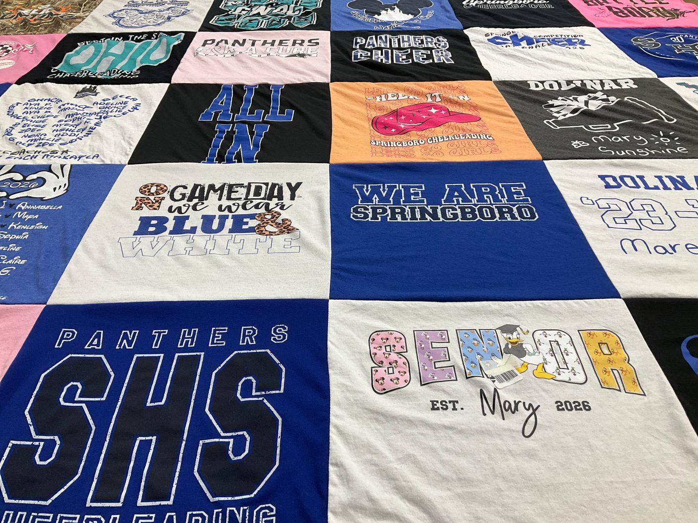 T-shirt quilt featuring panthers cheerleading by Shelley from OH