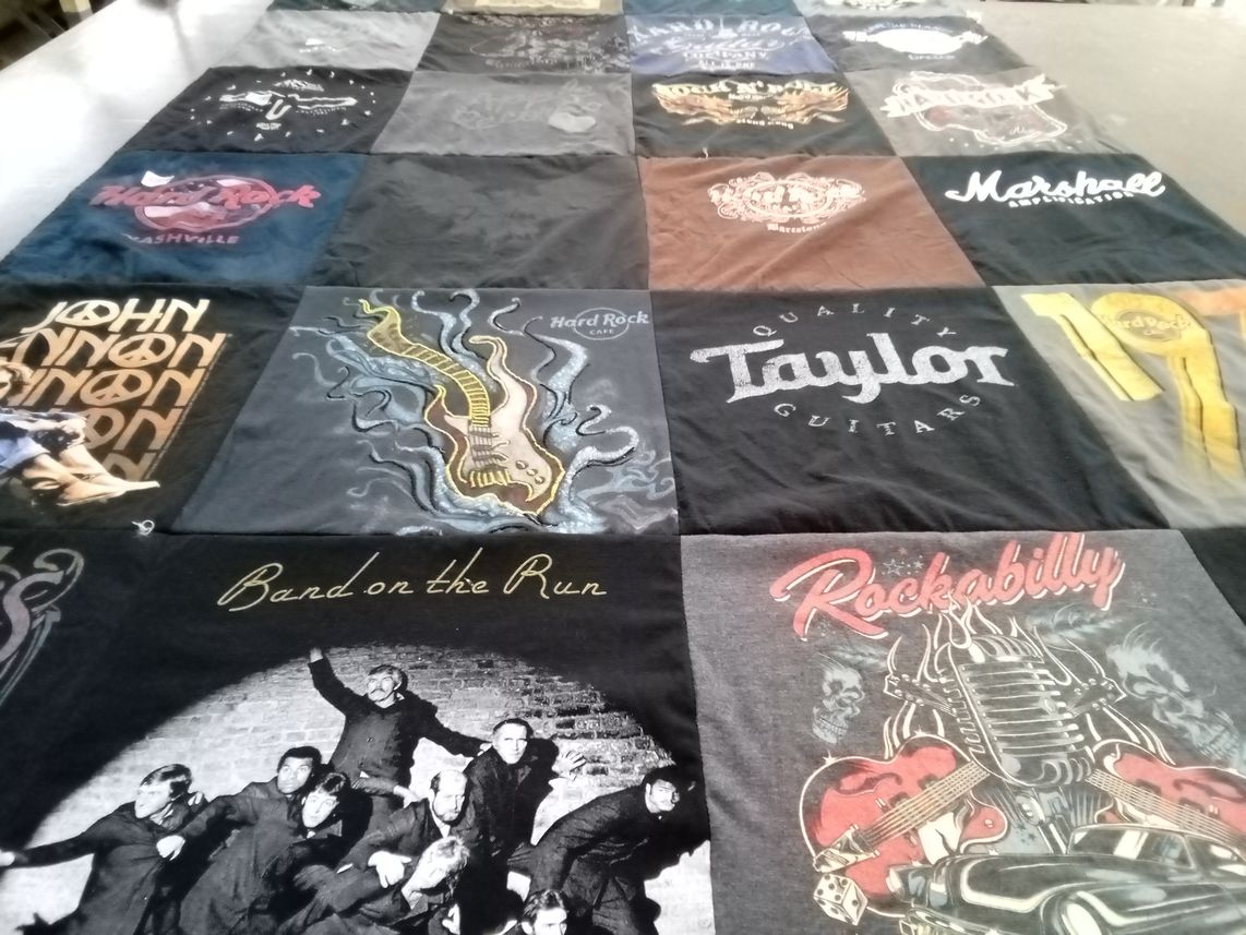 T-shirt quilt with music, rock themes by Gary from FL