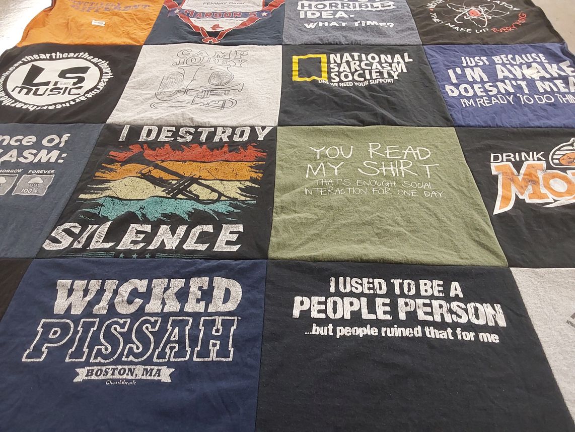 T-shirt quilt with music, humor themes by Melissa from MA