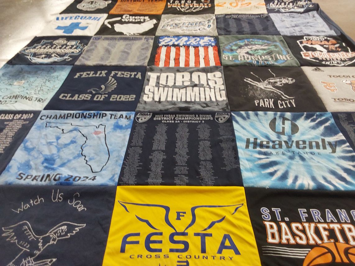T-shirt quilt featuring felix festa cross country, st. francis basketball by Christine from FL