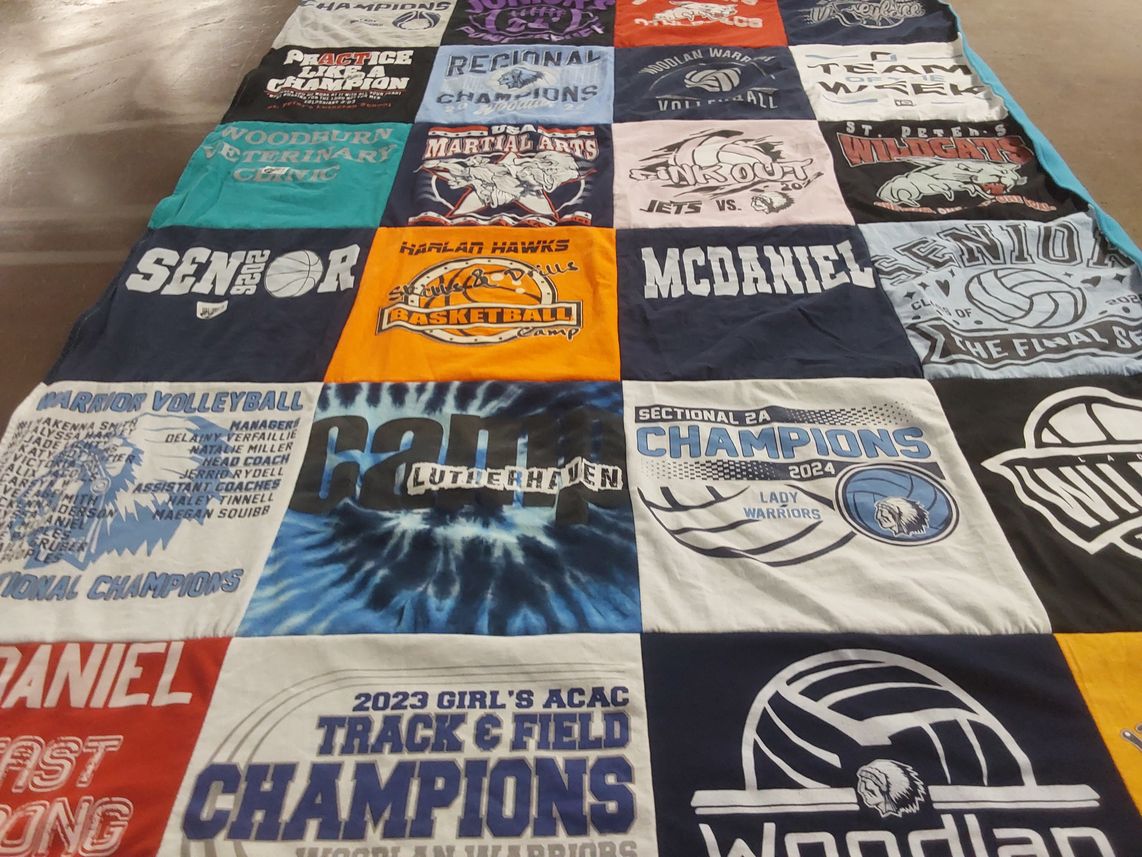T-shirt quilt featuring harlan hawks, woodland warriors by Rhonda from IN