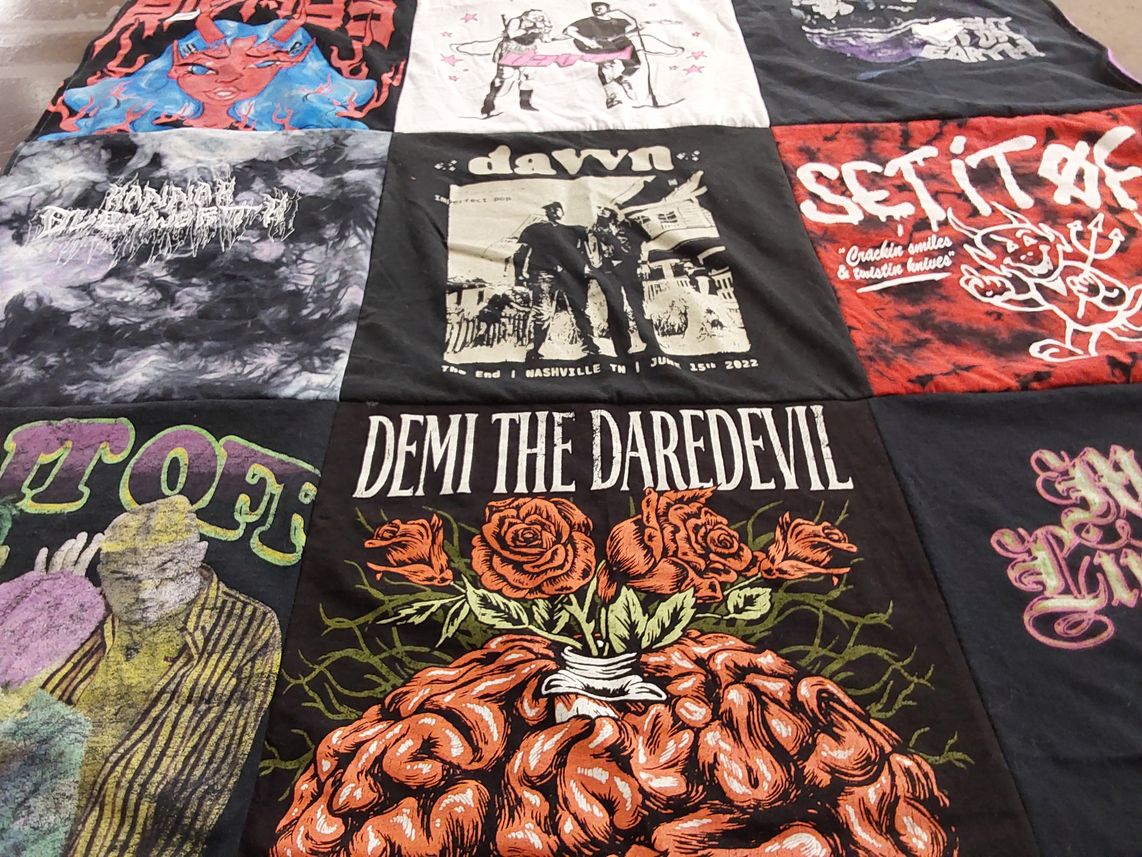 T-shirt quilt with music, rock themes by Bailey from MN