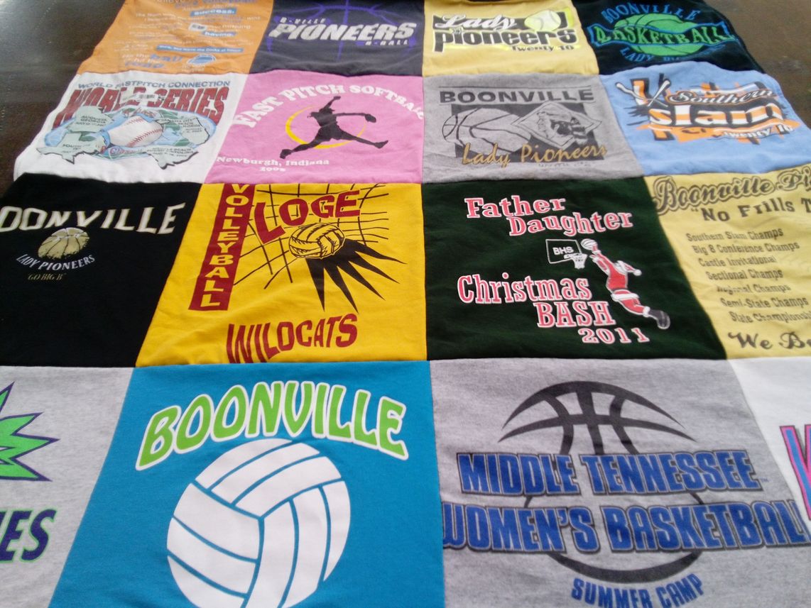 T-shirt quilt featuring boonville lady pioneers, boonville wildcats by Rebecca from IN