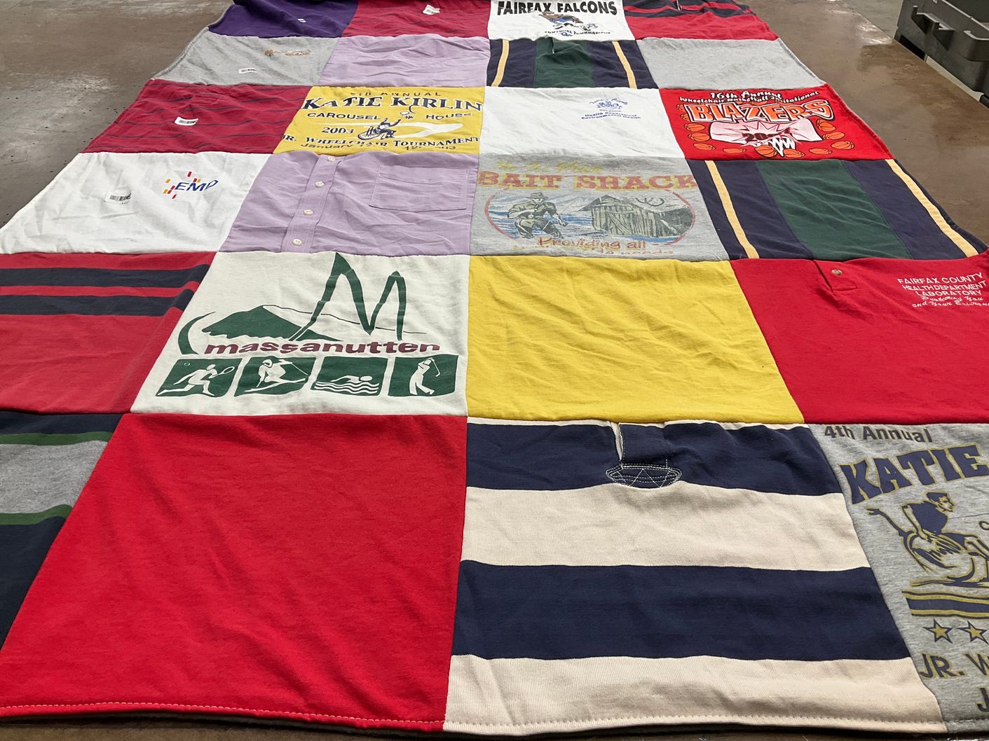 T-shirt quilt with sports, outdoors themes by Cathy from VA