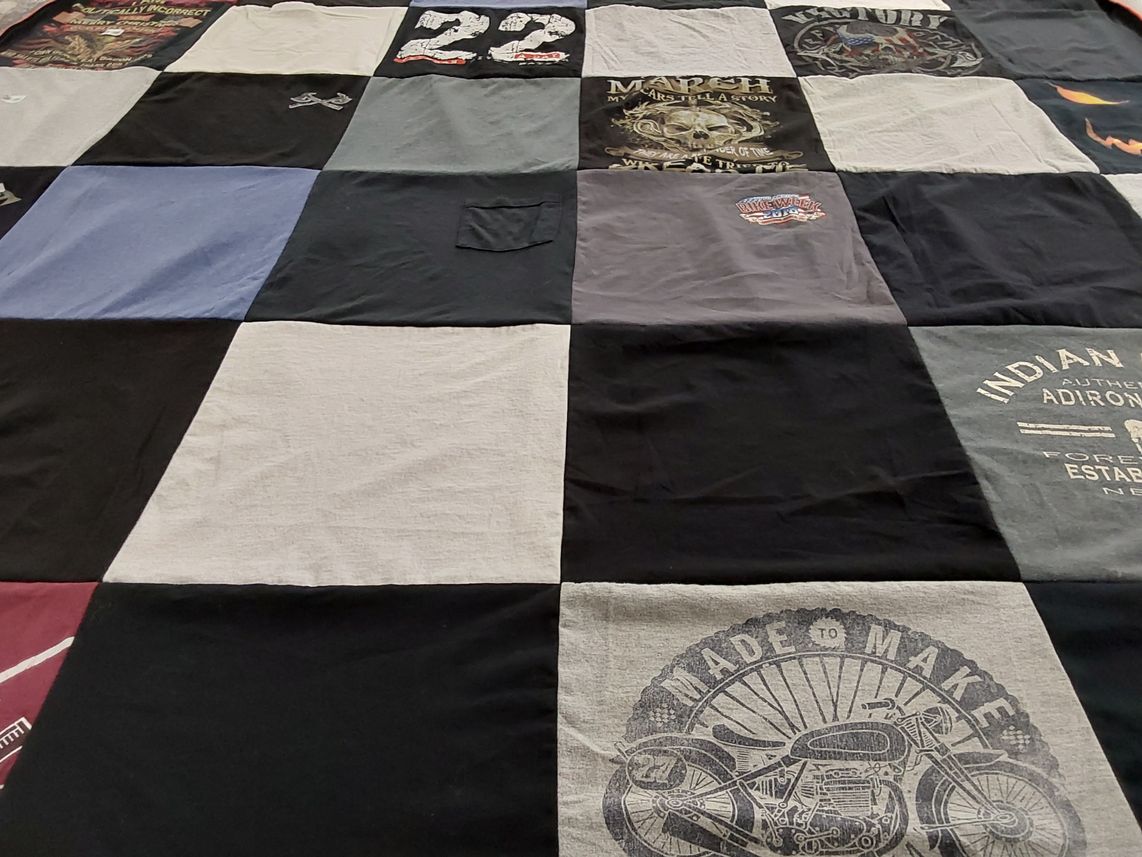 T-shirt quilt with motorcycles, biking themes by Anastasia from NY