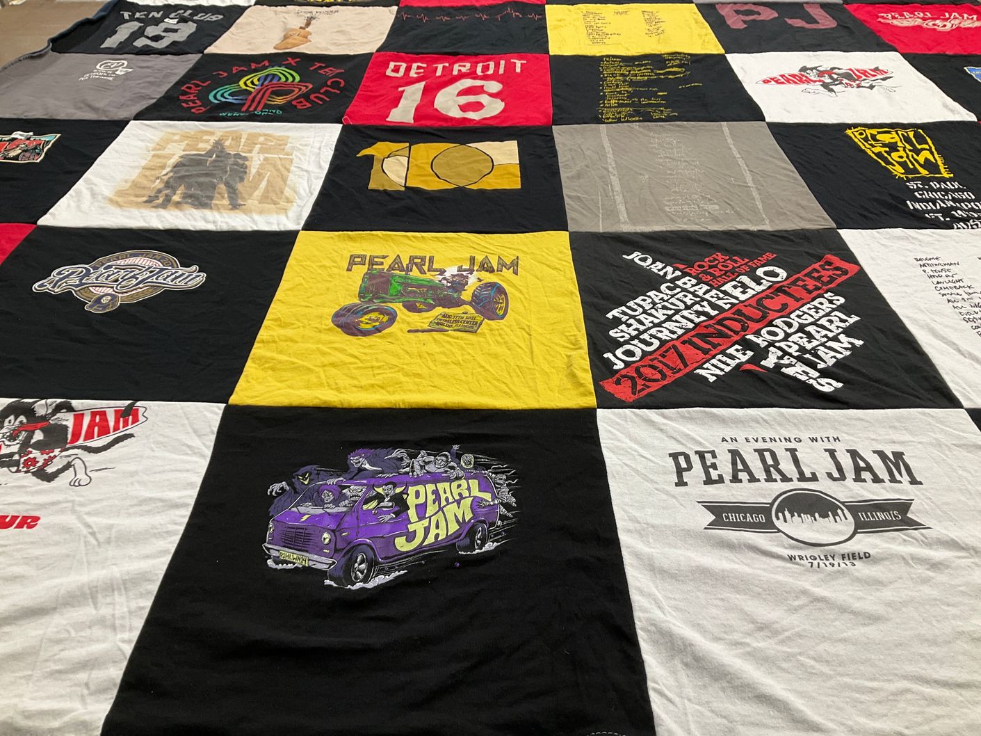 T-shirt quilt with music, concerts themes by Karen from MI