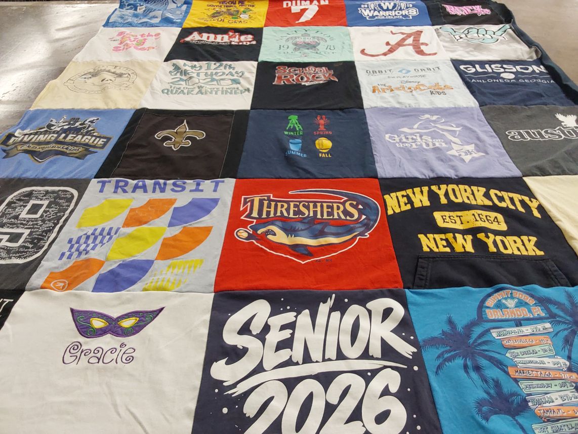 T-shirt quilt with graduation, sports themes by Bethany from GA