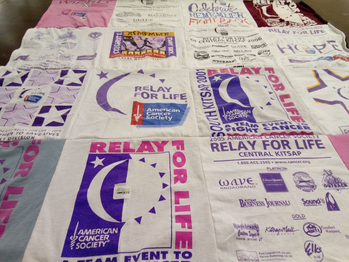 T-shirt quilt with cancer research, charity themes by Judy from WA