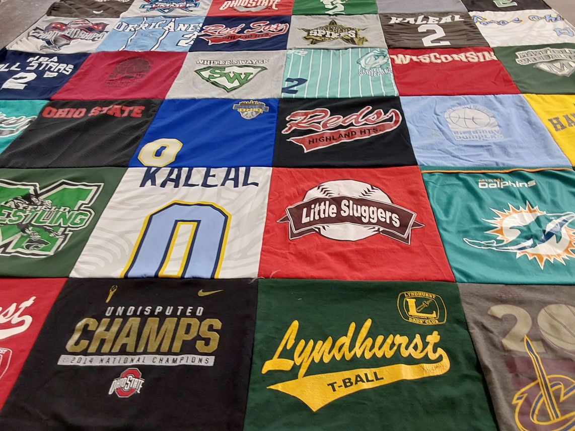 T-shirt quilt from ohio state university, university of wisconsin by Sara from OH