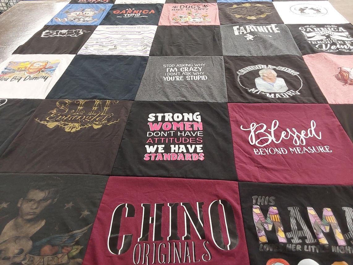 T-shirt quilt with family, humor themes by Trisha from CA