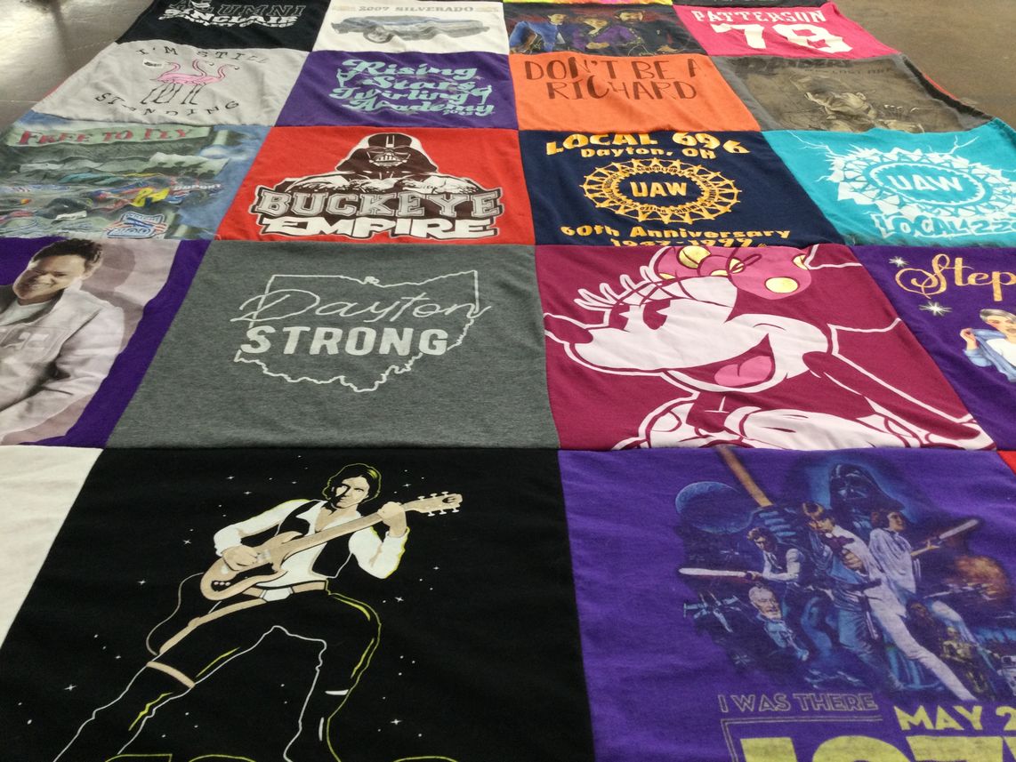 T-shirt quilt with music, arts themes by Cinde from IN