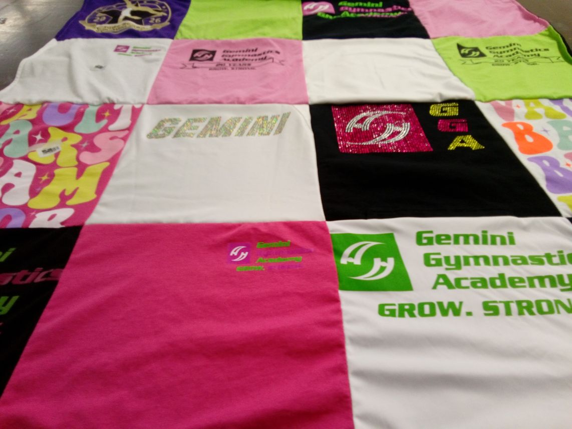 T-shirt quilt with gymnastics themes by Carrie from IL