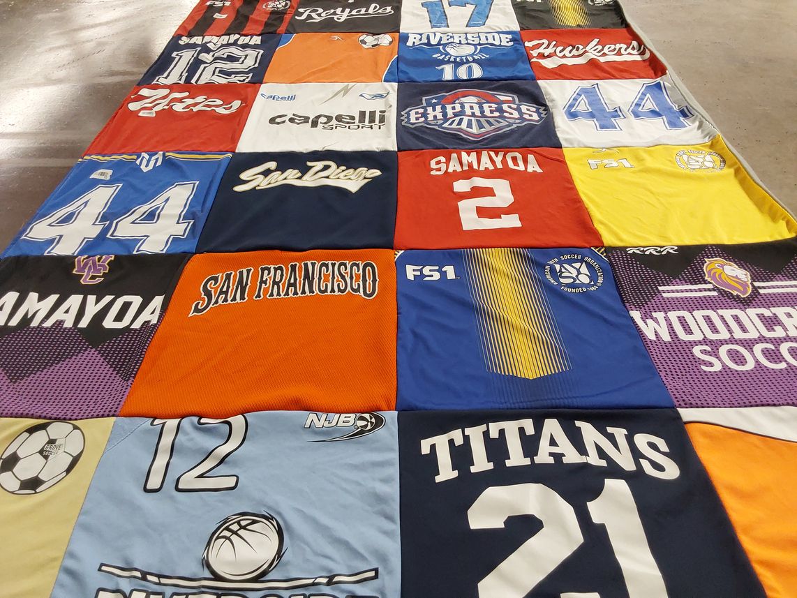 T-shirt quilt featuring riverside baseball, woodcreek soccer by Valerie from CA