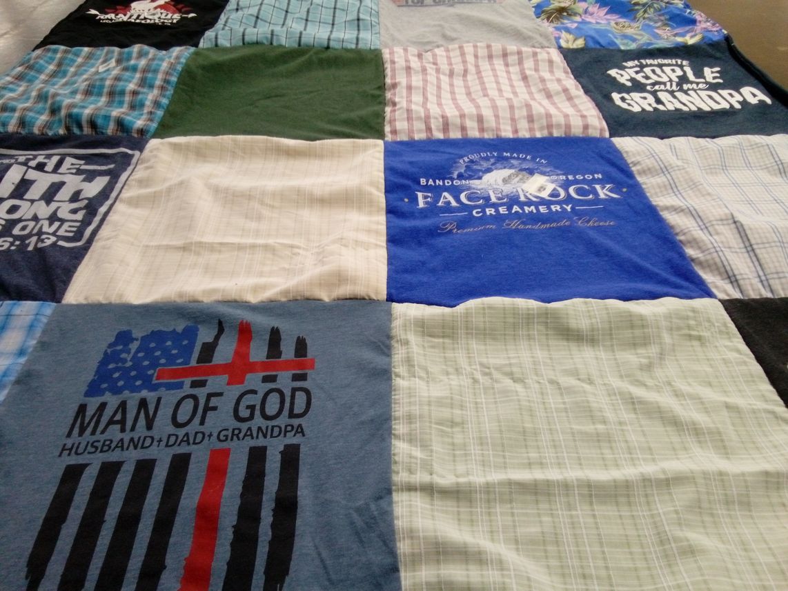 T-shirt quilt with family, faith themes by Mary from CA