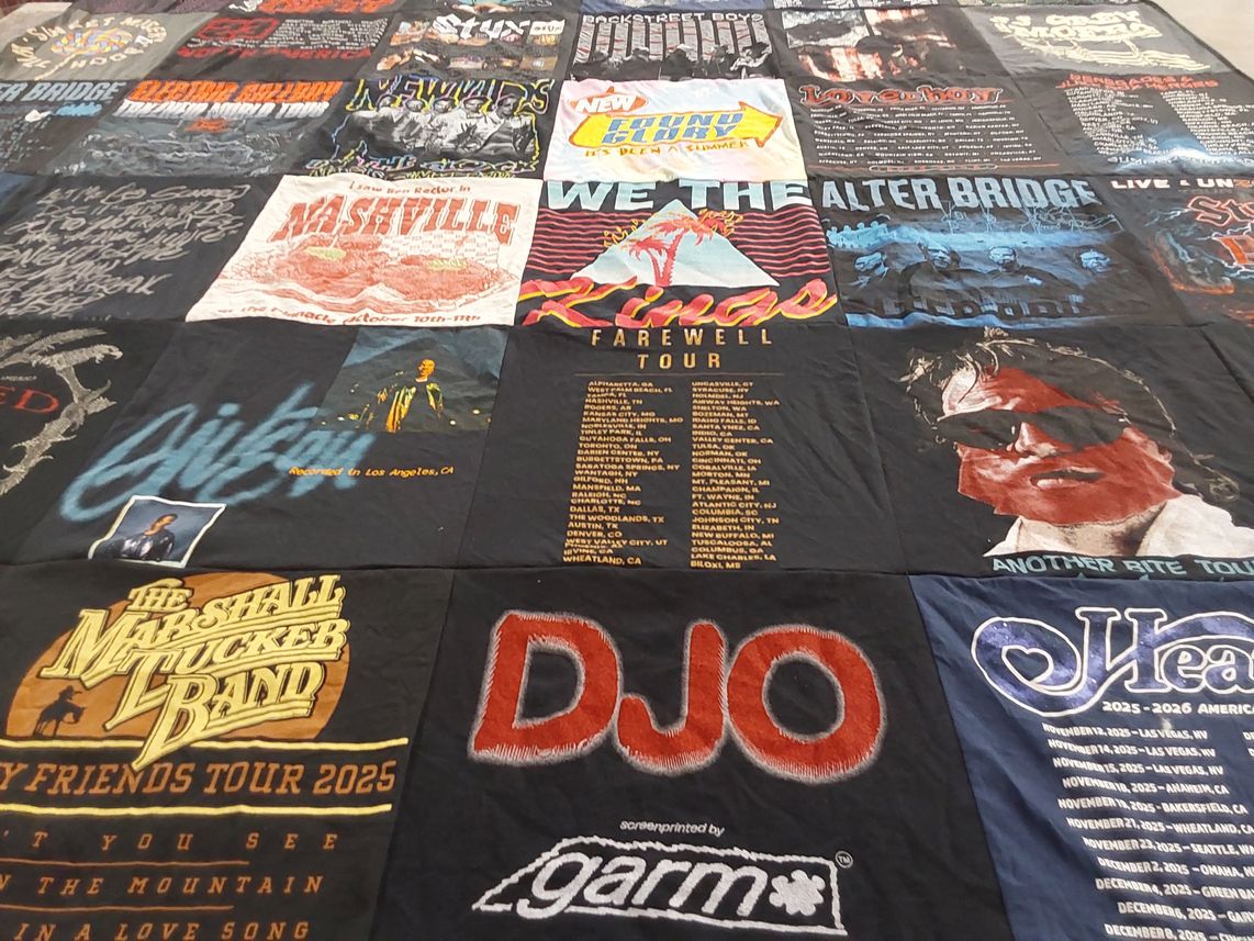 T-shirt quilt with music, concerts themes by Susan from TN